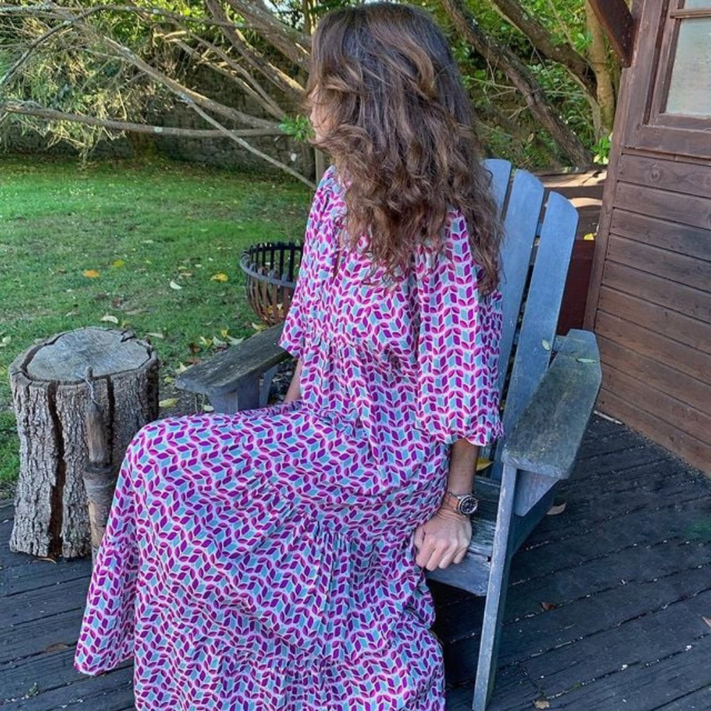 Boho Maxi Dress V-Neck Puff Sleeve Geometric Print - Purple Blue