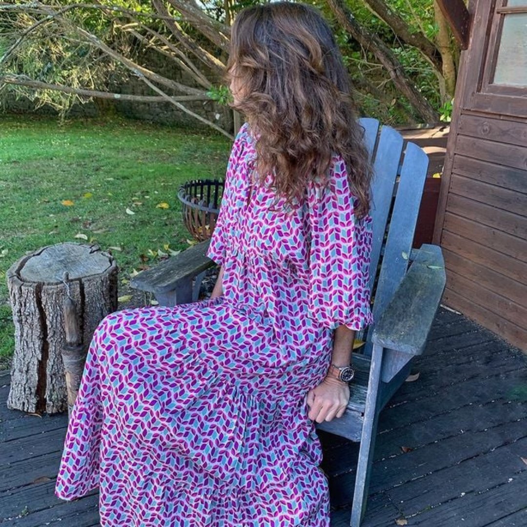 Boho Maxi Dress V-Neck Puff Sleeve Geometric Print - Purple Blue