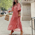 Boho Maxi Dress V-Neck Puff Sleeve Geometric Print - Red
