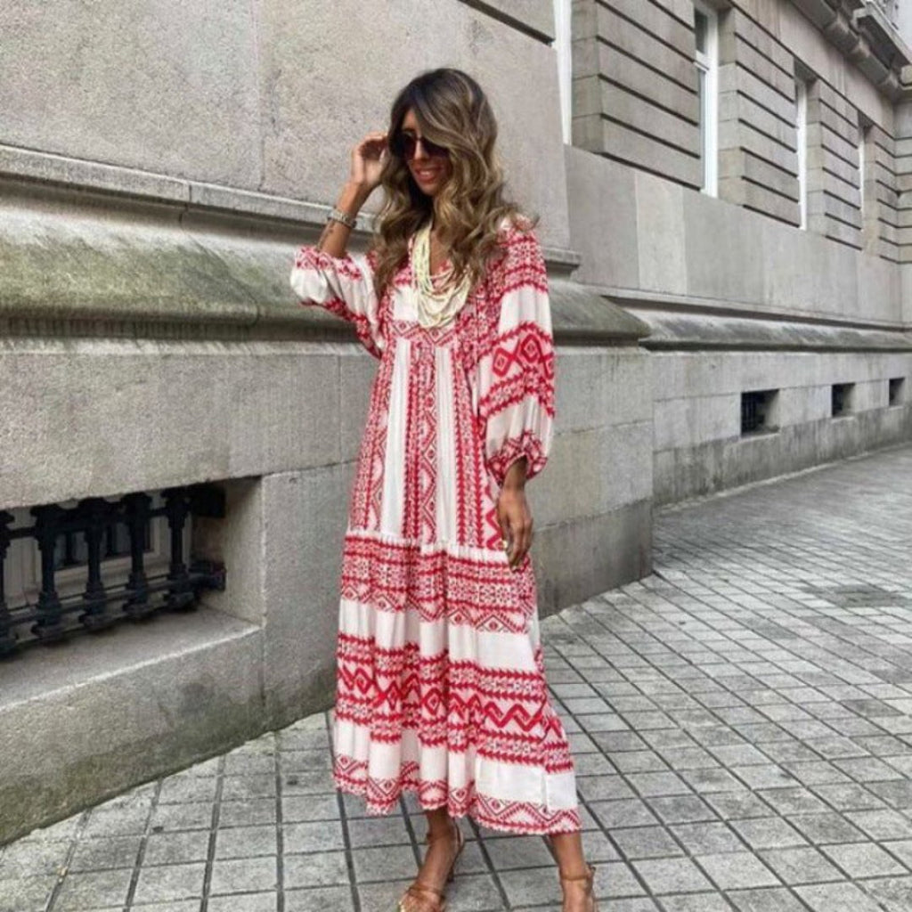 Boho Maxi Dress V-Neck Puff Sleeve Geometric Print - Claret