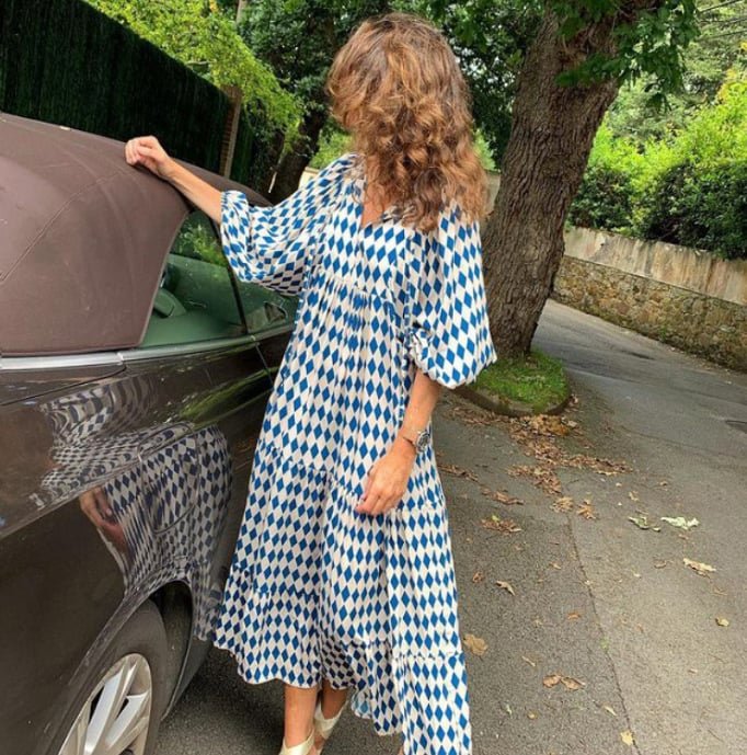 Boho Maxi Dress V-Neck Puff Sleeve Geometric Print