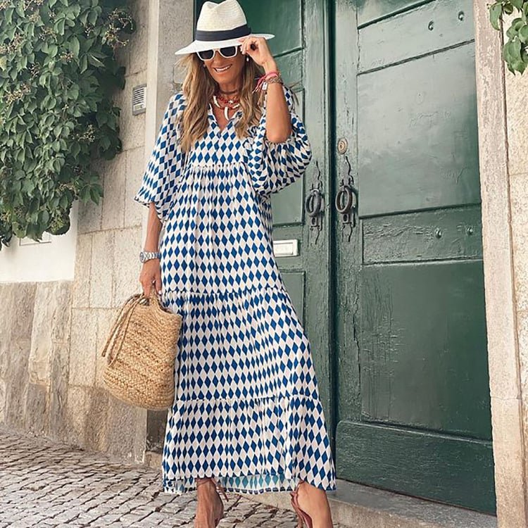 Boho Maxi Dress V-Neck Puff Sleeve Geometric Print