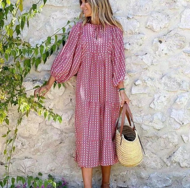 Boho Maxi Dress V-Neck Puff Sleeve Geometric Print