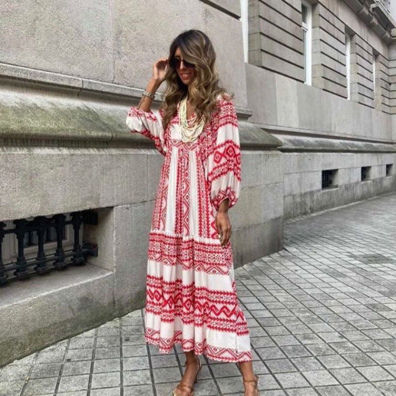 Boho Maxi Dress V-Neck Puff Sleeve Geometric Print