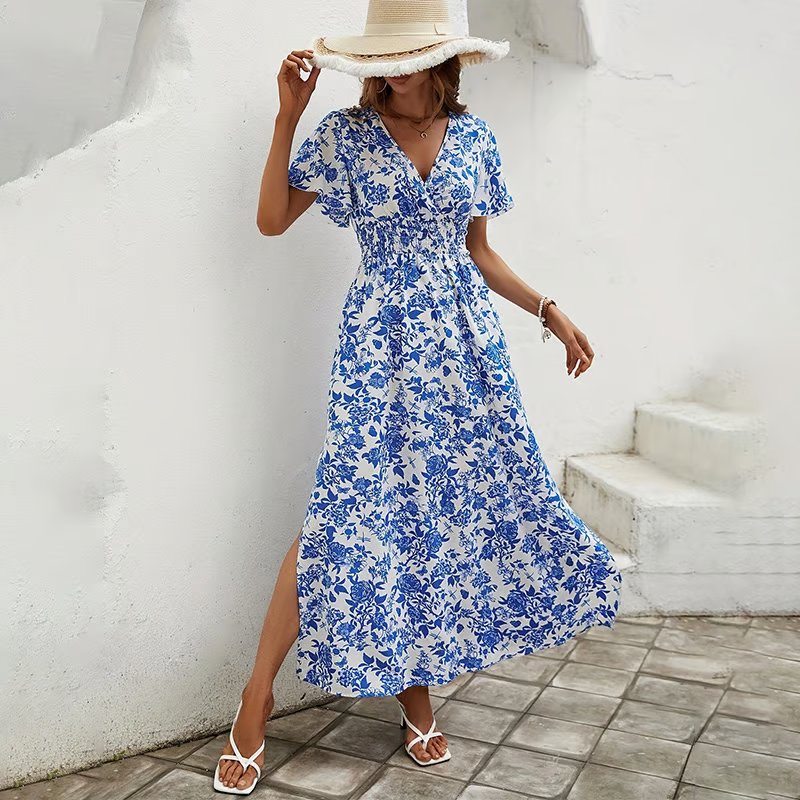 Boho Maxi Dress V-Neck Short Sleeve Floral Summer