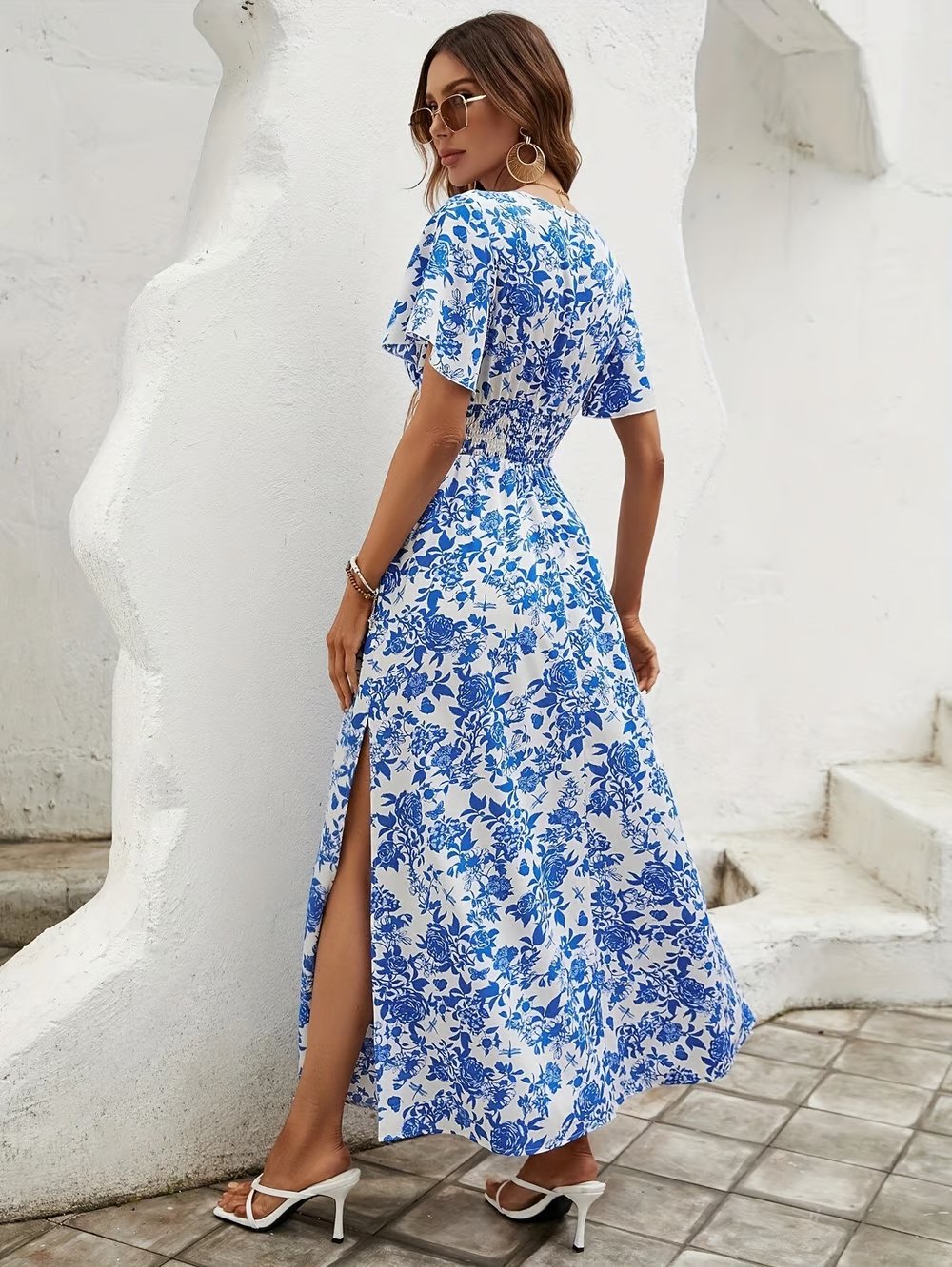 Boho Maxi Dress V-Neck Short Sleeve Floral Summer