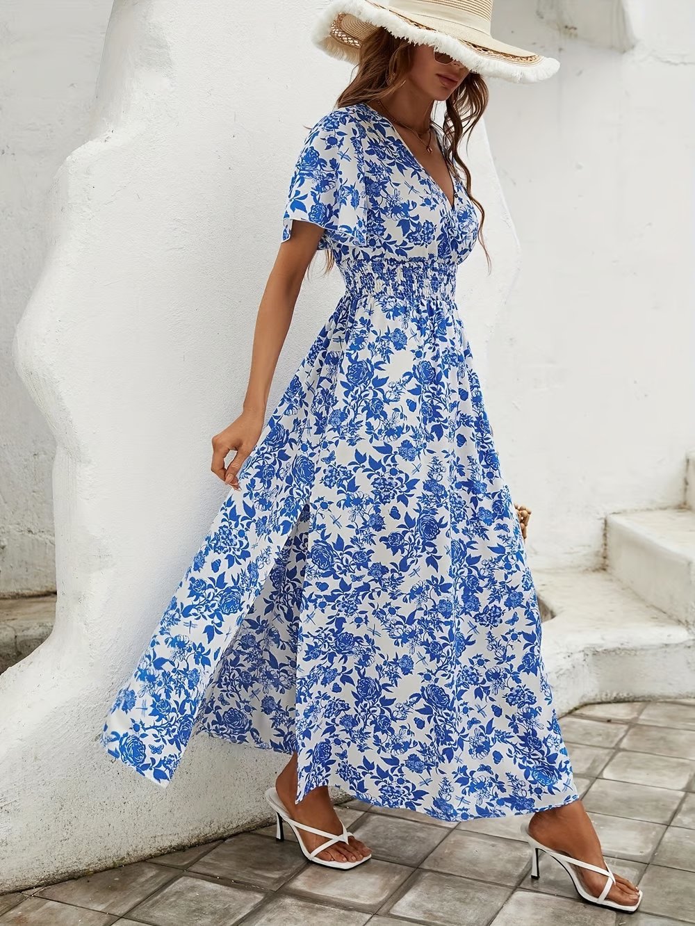 Boho Maxi Dress V-Neck Short Sleeve Floral Summer