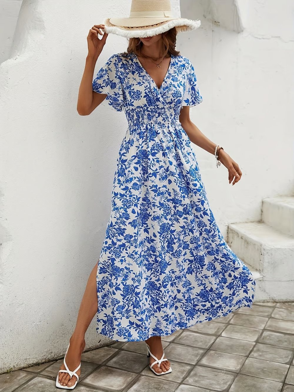 Boho Maxi Dress V-Neck Short Sleeve Floral Summer
