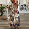 Boho Maxi Dress V-Neck Short Sleeve Ornamental Print Split - Brown
