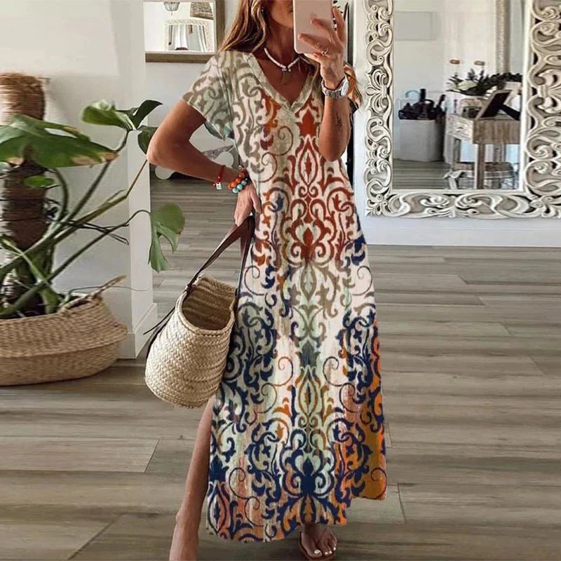 Boho Maxi Dress V-Neck Short Sleeve Ornamental Print Split - Brown