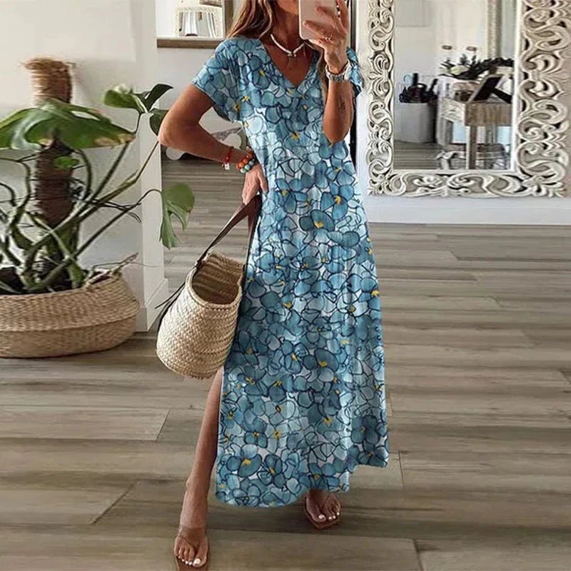 Boho Maxi Dress V-Neck Short Sleeve Ornamental Print Split - Blue