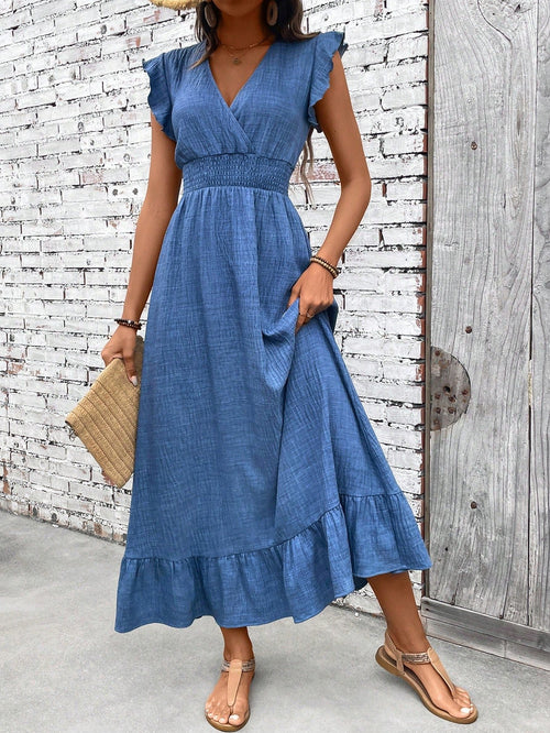Boho Maxi Dress V-Neck Smocked Waist Ruffle Hem Summer - Blue