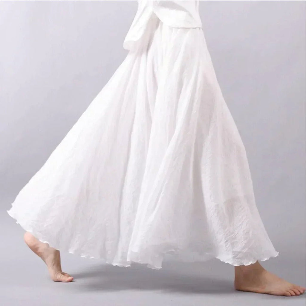 Boho Maxi Skirt High Waist Flowy A-Line - White