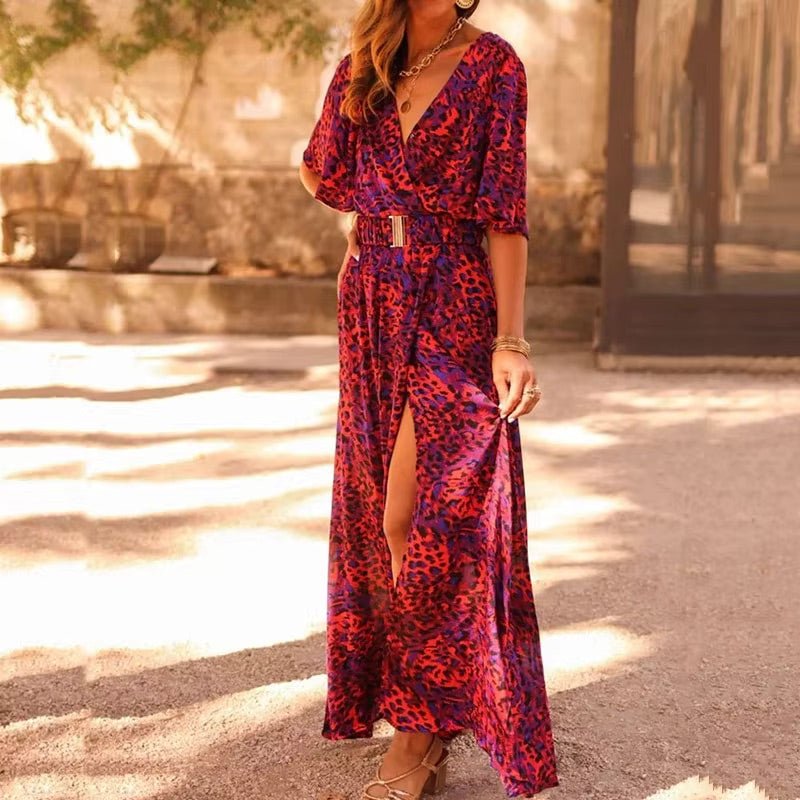 Boho Maxi Wrap Dress V-Neck Summer Print