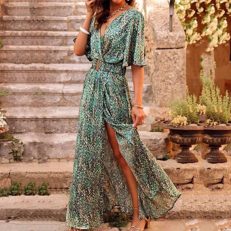 Boho Maxi Wrap Dress V-Neck Summer Print - Green