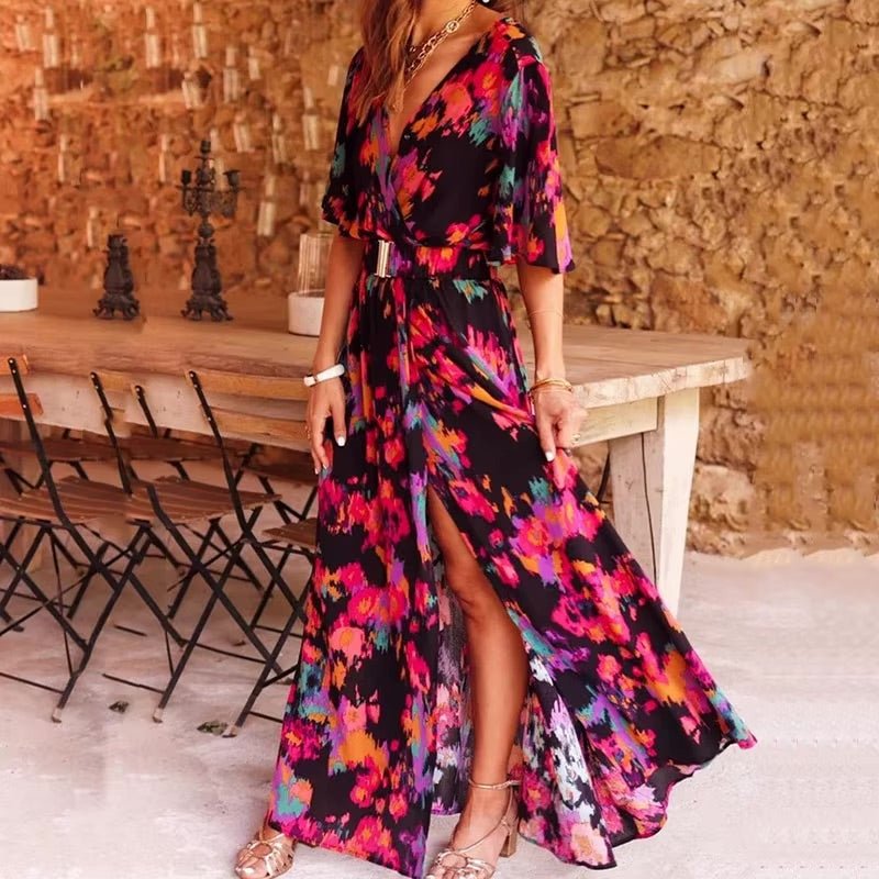 Boho Maxi Wrap Dress V-Neck Summer Print - Black