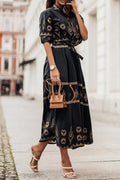Boho Midi Dress 3/4 Sleeve Belted A-Line Geometric Print - Black