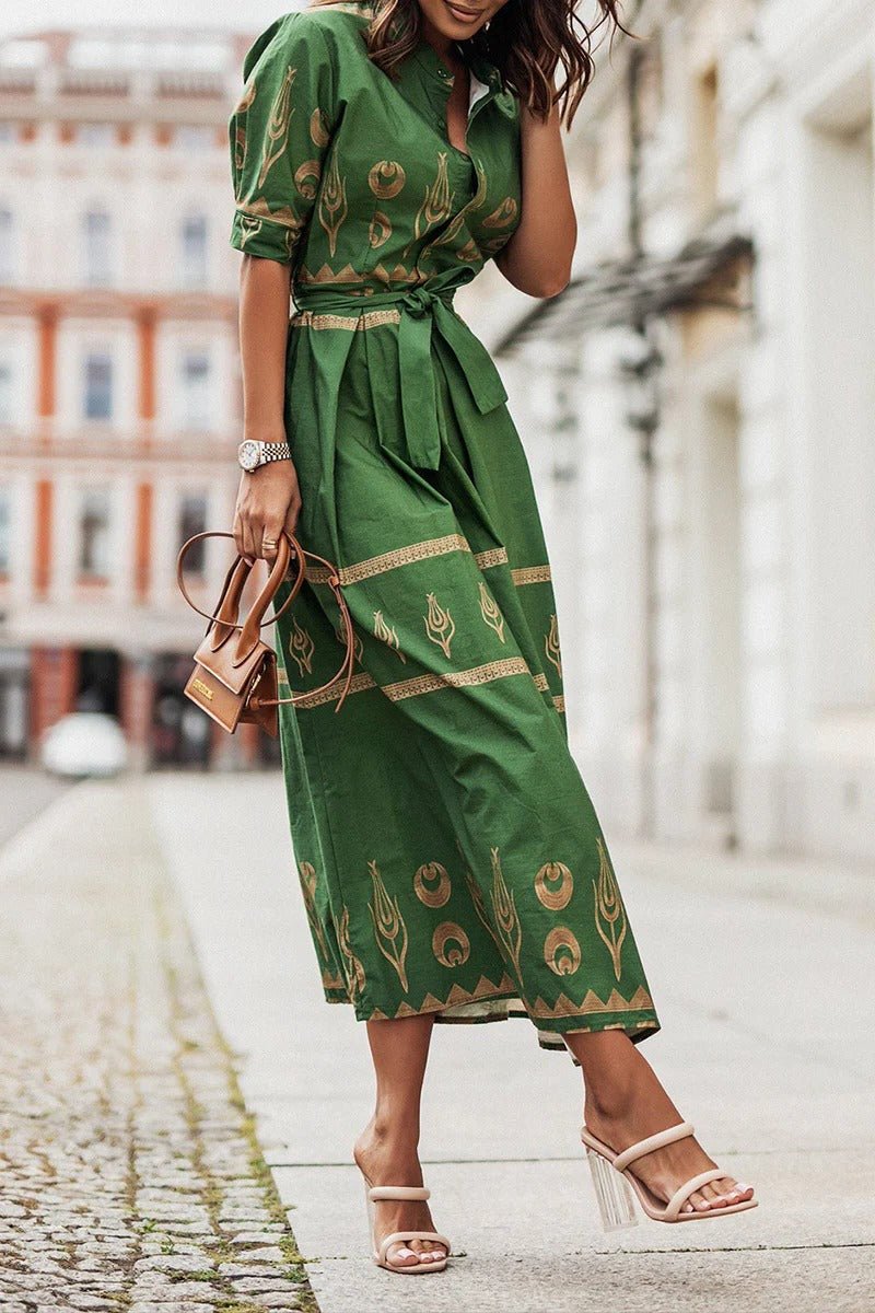 Boho Midi Dress 3/4 Sleeve Belted A-Line Geometric Print - Green