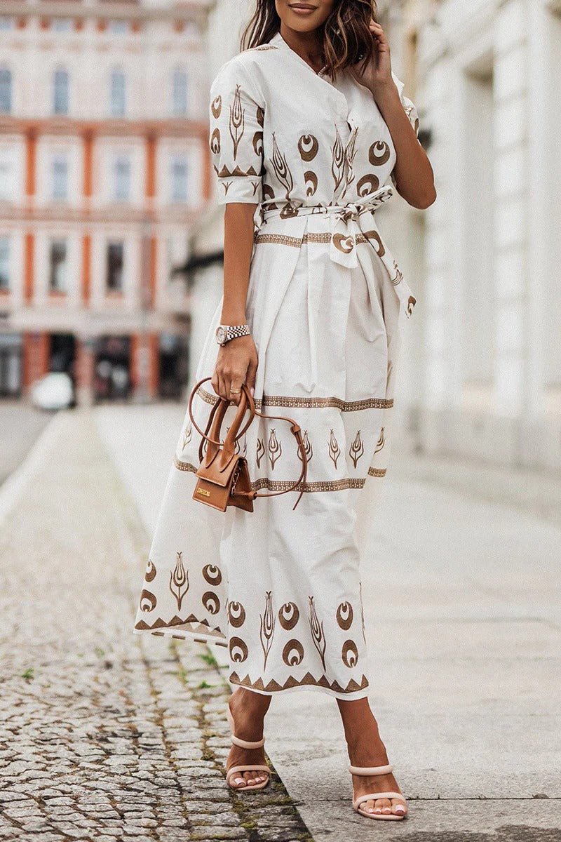 Boho Midi Dress 3/4 Sleeve Belted A-Line Geometric Print - White