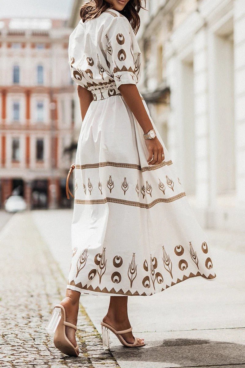 Boho Midi Dress 3/4 Sleeve Belted A-Line Geometric Print
