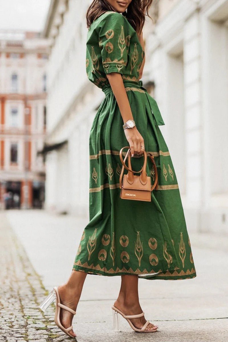 Boho Midi Dress 3/4 Sleeve Belted A-Line Geometric Print