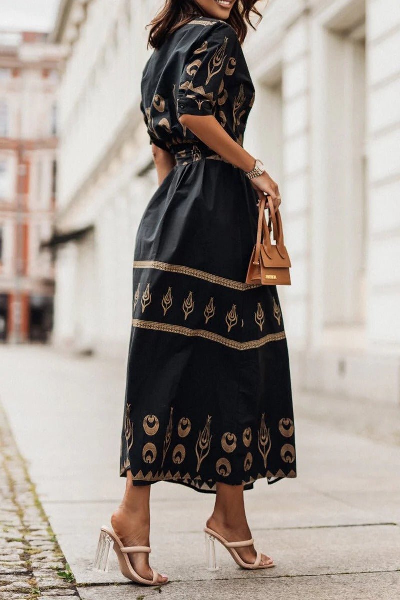 Boho Midi Dress 3/4 Sleeve Belted A-Line Geometric Print