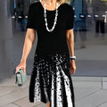 Boho Midi Dress Short Sleeve A-Line Print - Black