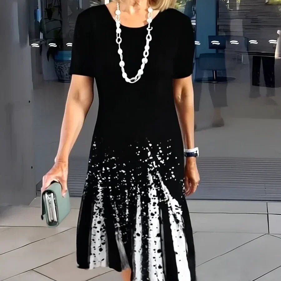 Boho Midi Dress Short Sleeve A-Line Print - Black