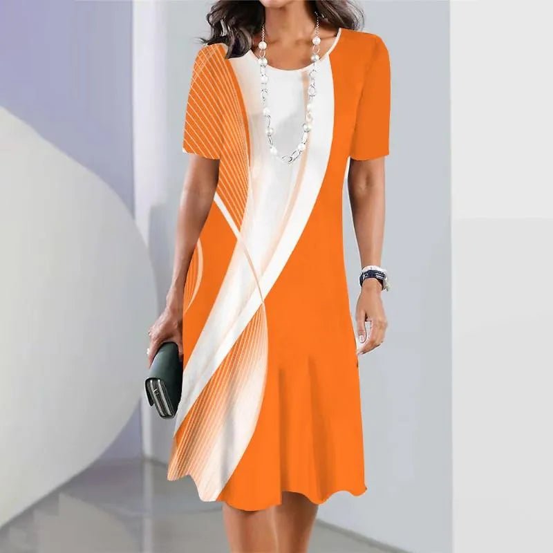 Boho Midi Dress Short Sleeve A-Line Print - Orange