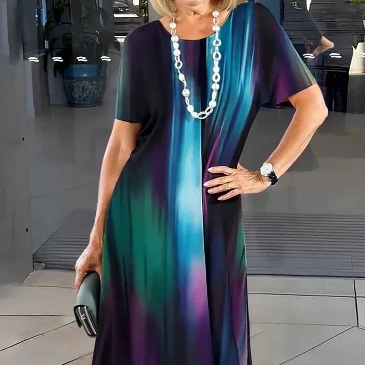 Boho Midi Dress Short Sleeve A-Line Print - Colorful