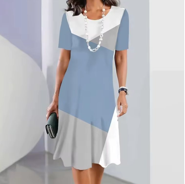 Boho Midi Dress Short Sleeve A-Line Print - Blue