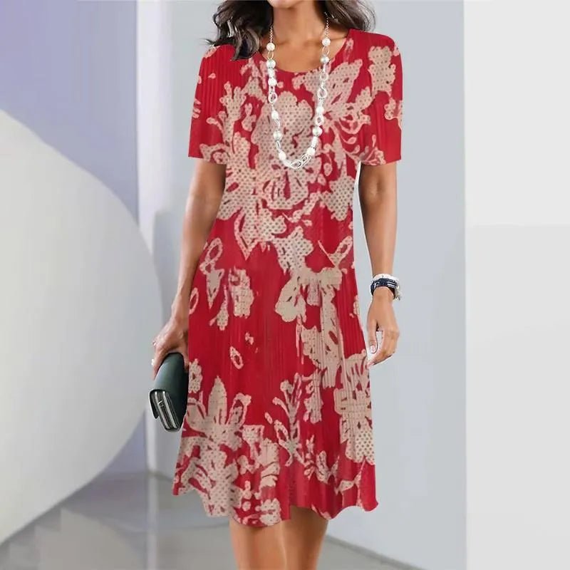 Boho Midi Dress Short Sleeve A-Line Print - Red