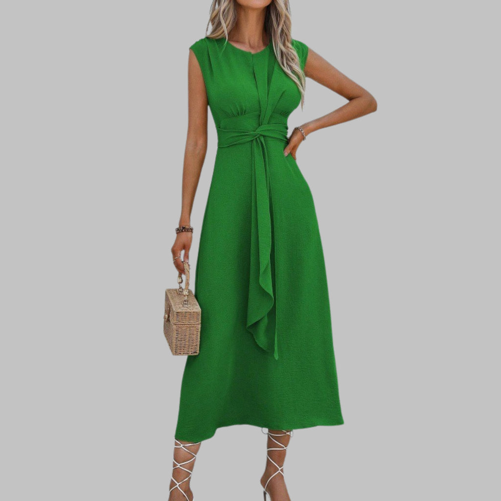 Boho Midi Dress Sleeveless Belted A-Line Round Neck - Green