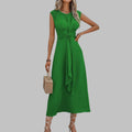 Boho Midi Dress Sleeveless Belted A-Line Round Neck - Green