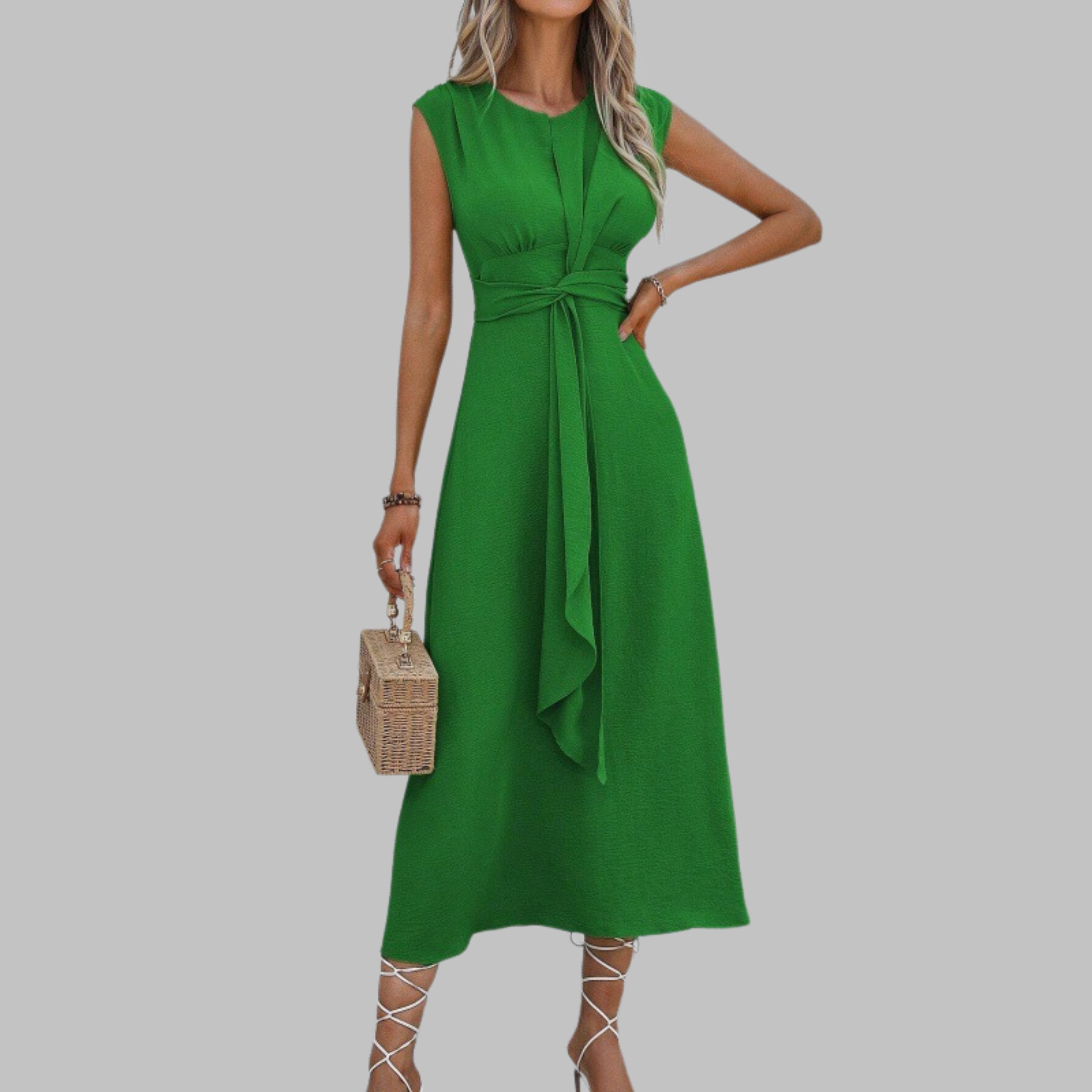 Boho Midi Dress Sleeveless Belted A-Line Round Neck - Green