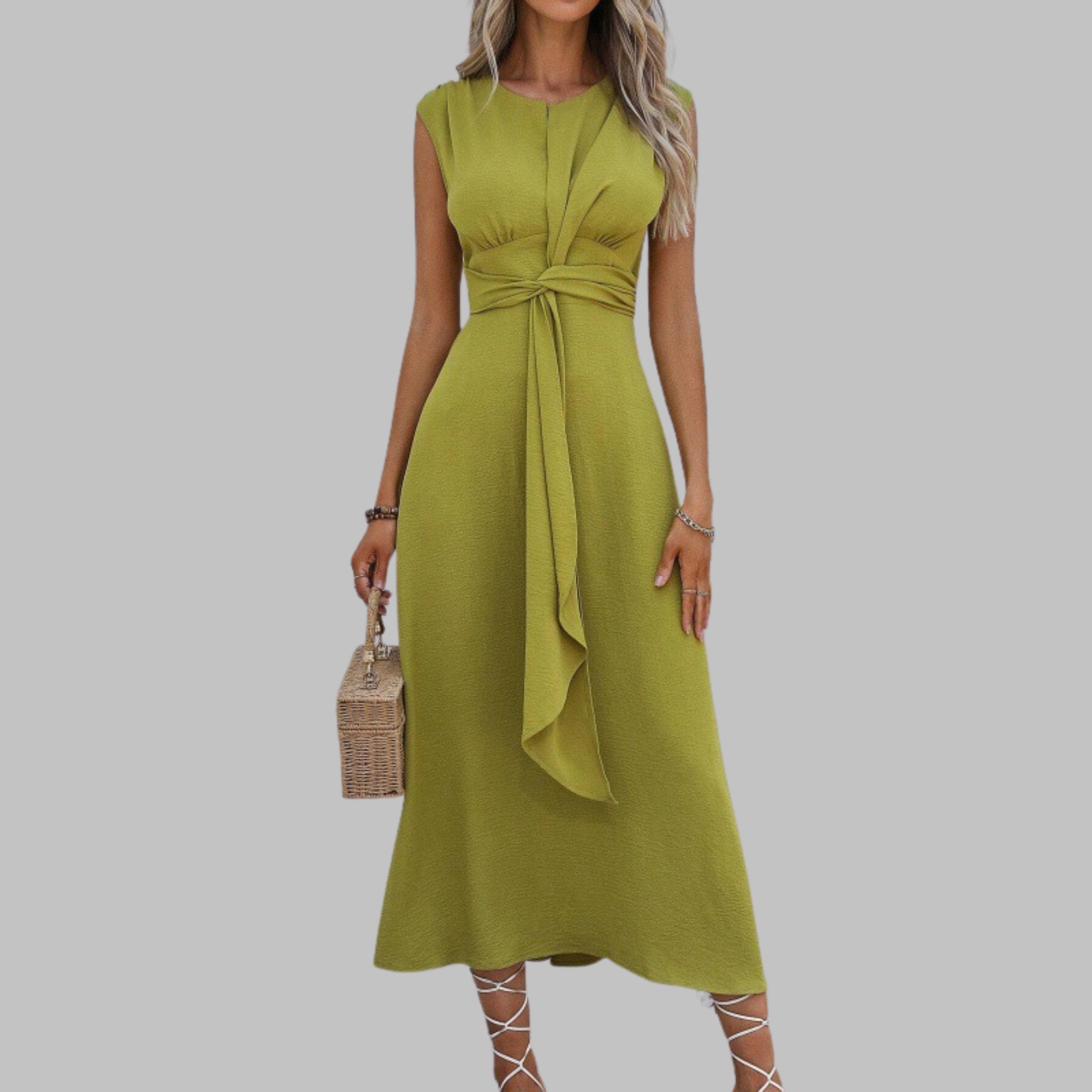 Boho Midi Dress Sleeveless Belted A-Line Round Neck - Yellow