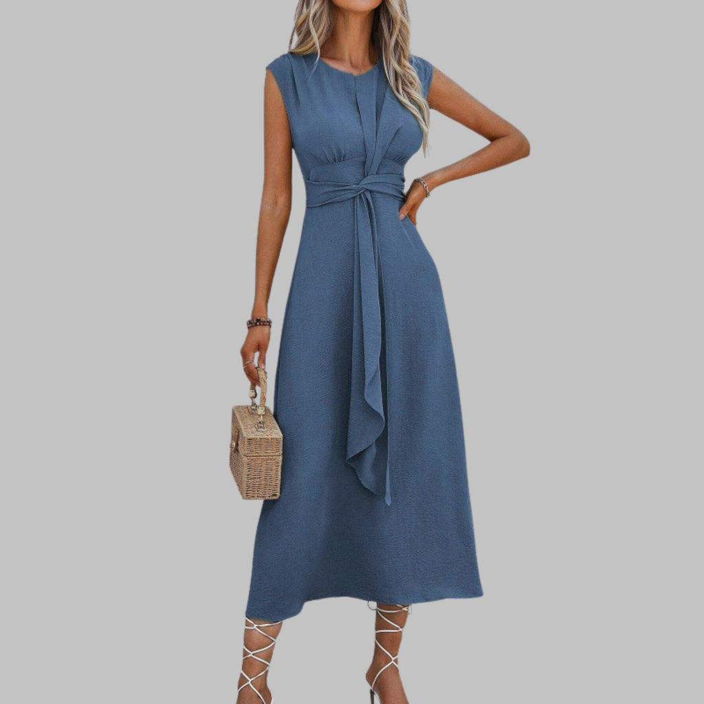 Boho Midi Dress Sleeveless Belted A-Line Round Neck - Blue