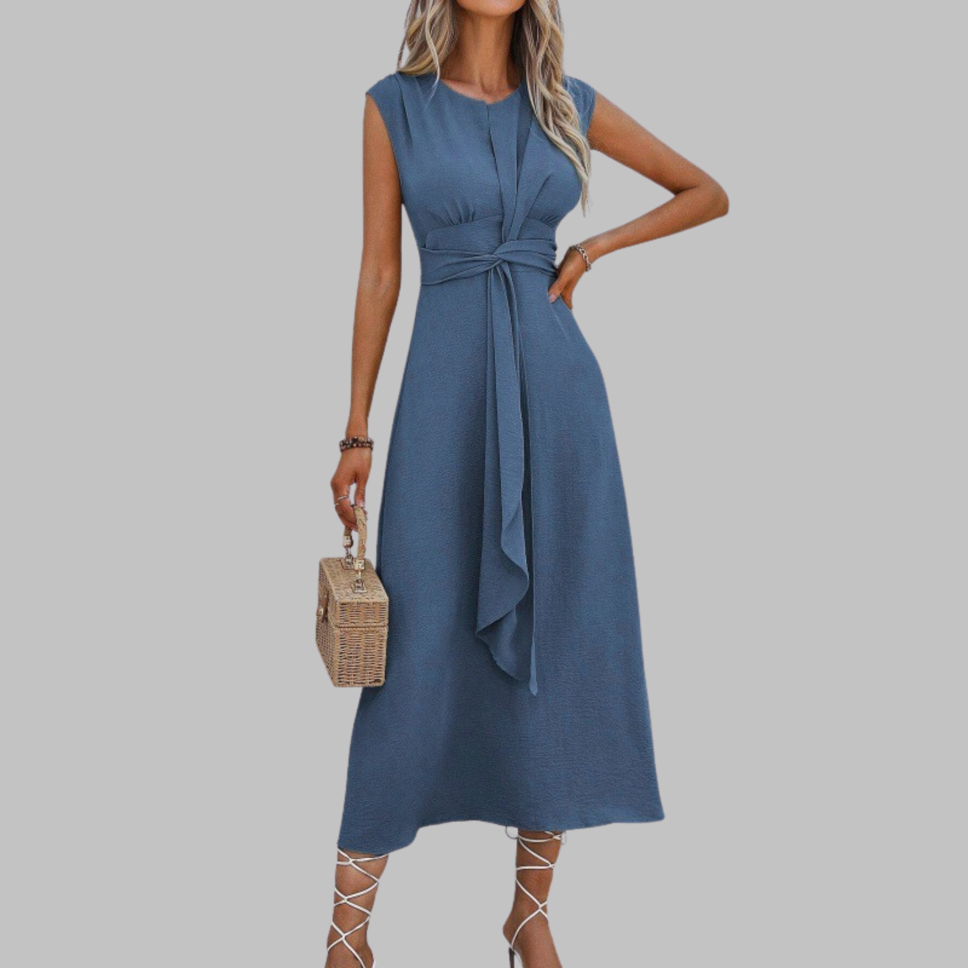 Boho Midi Dress Sleeveless Belted A-Line Round Neck - Blue