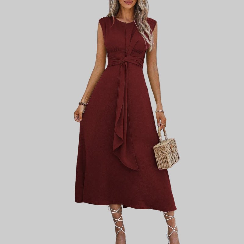 Boho Midi Dress Sleeveless Belted A-Line Round Neck - Maroon