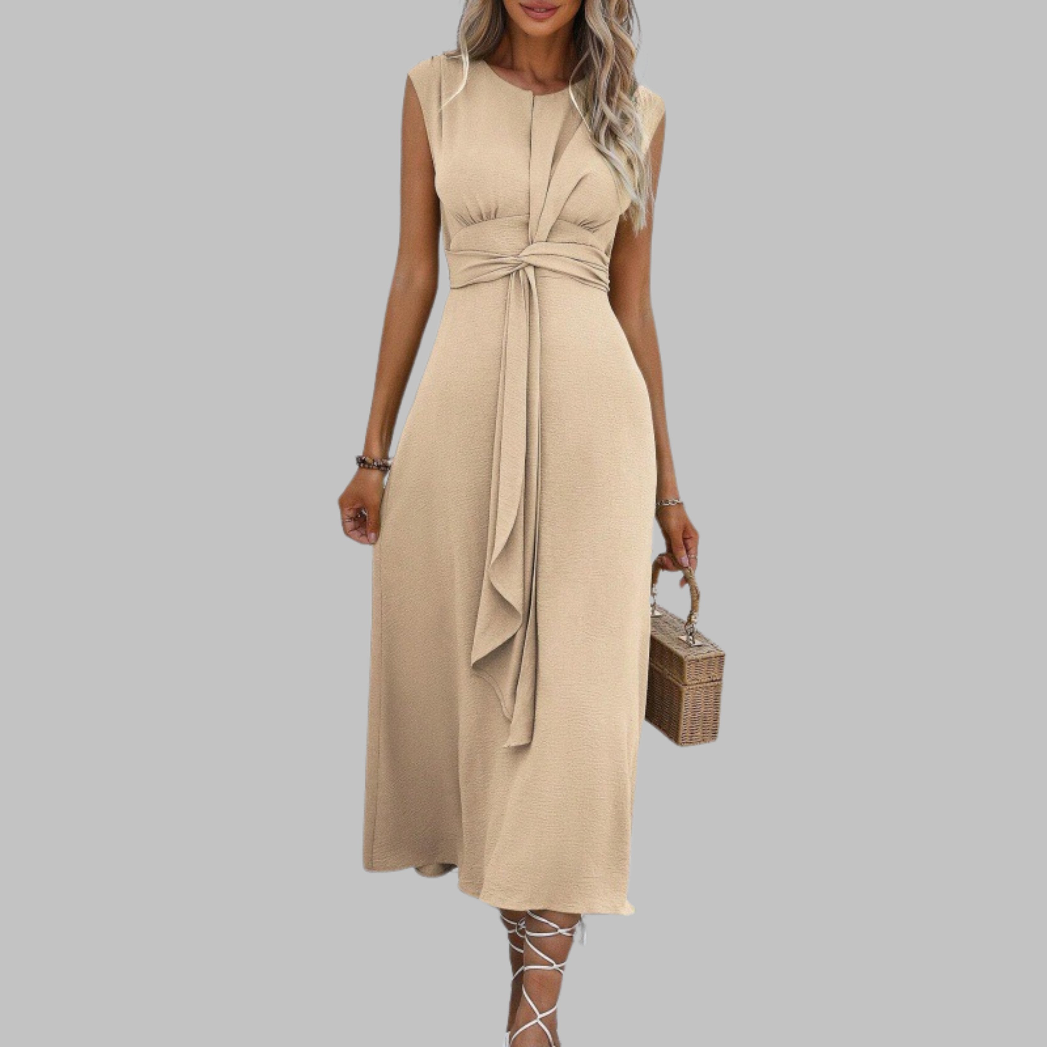 Boho Midi Dress Sleeveless Belted A-Line Round Neck - Apricot