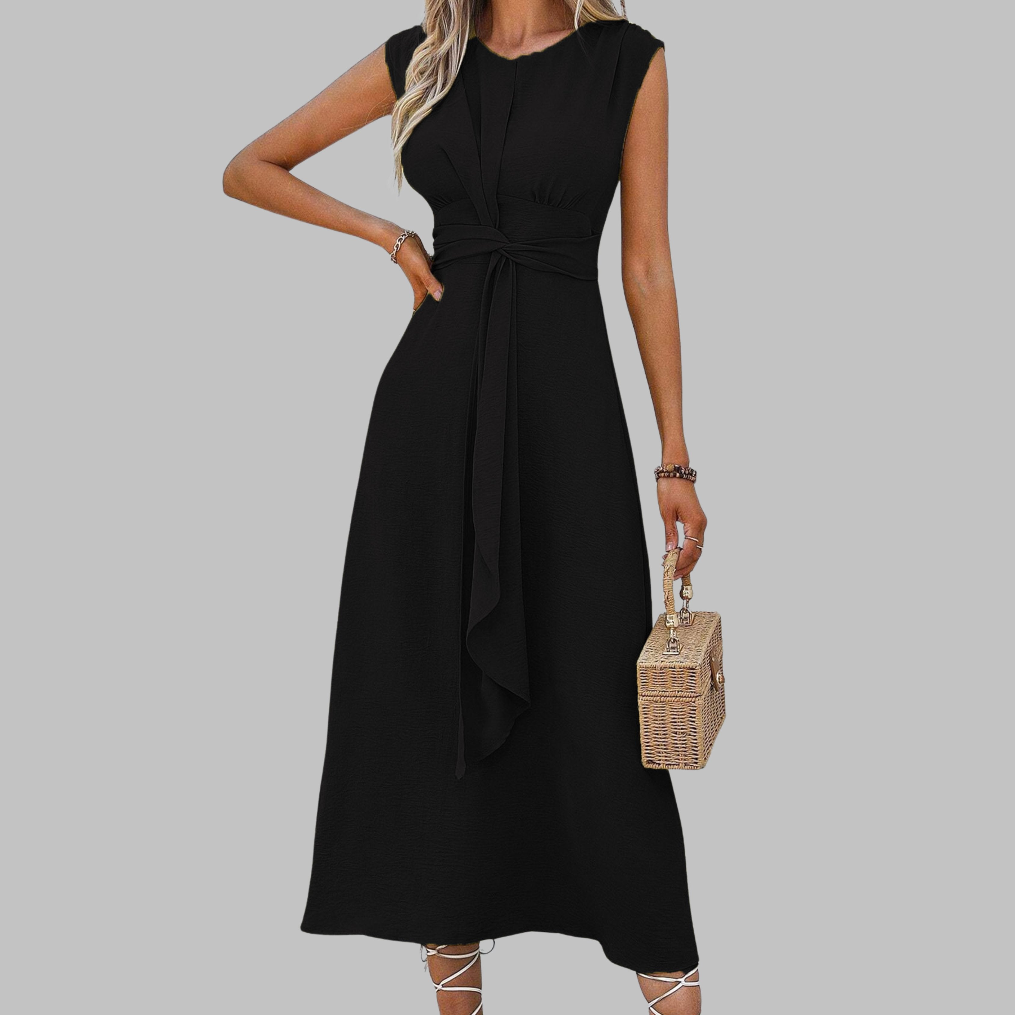 Boho Midi Dress Sleeveless Belted A-Line Round Neck - Black