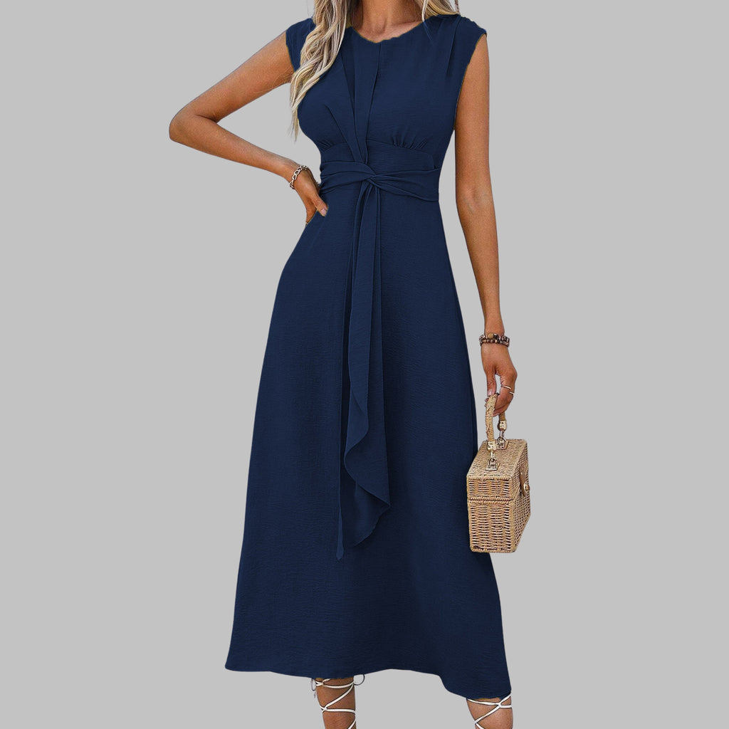 Boho Midi Dress Sleeveless Belted A-Line Round Neck - Dark Blue