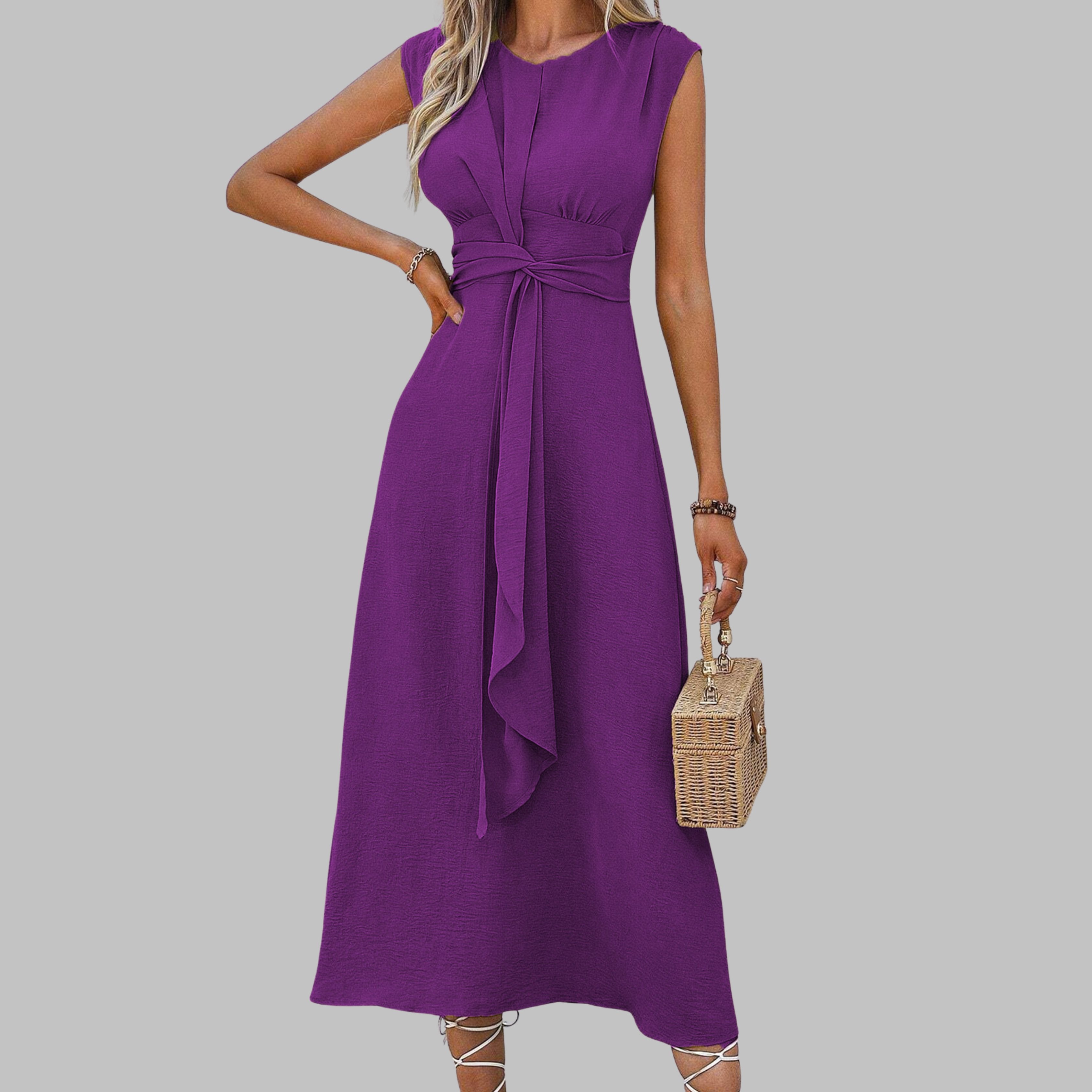 Boho Midi Dress Sleeveless Belted A-Line Round Neck - Purple