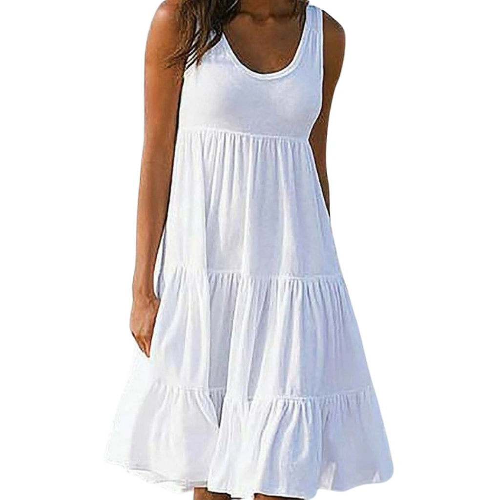 Boho Midi Dress Sleeveless Tiered Ruffle Summer - White