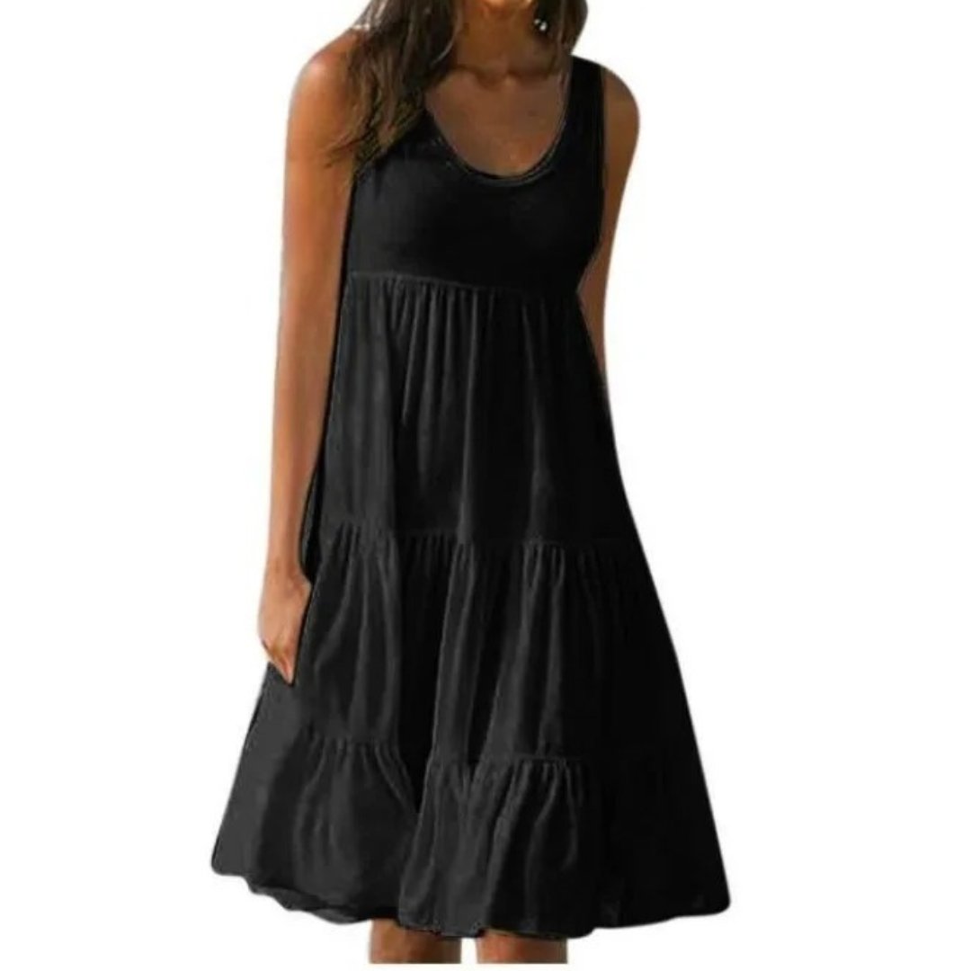 Boho Midi Dress Sleeveless Tiered Ruffle Summer - Black
