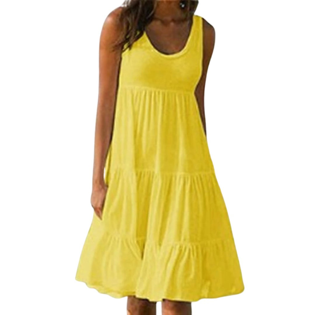 Boho Midi Dress Sleeveless Tiered Ruffle Summer - Yellow