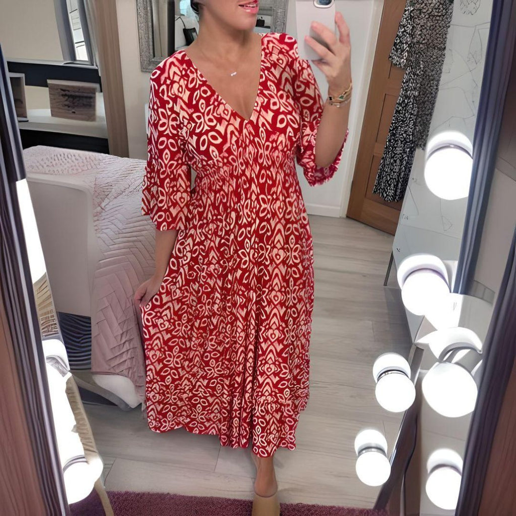 Boho Midi Dress V-Neck Flowy Printed Bell Sleeves - Red