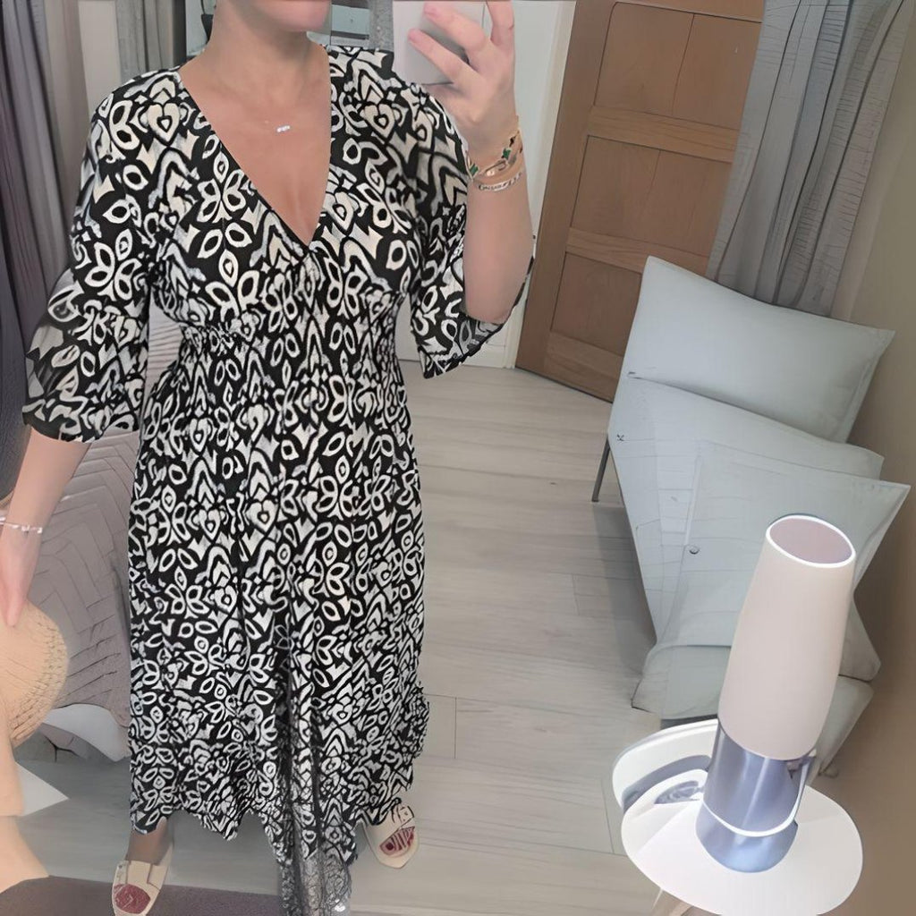 Boho Midi Dress V-Neck Flowy Printed Bell Sleeves - Black
