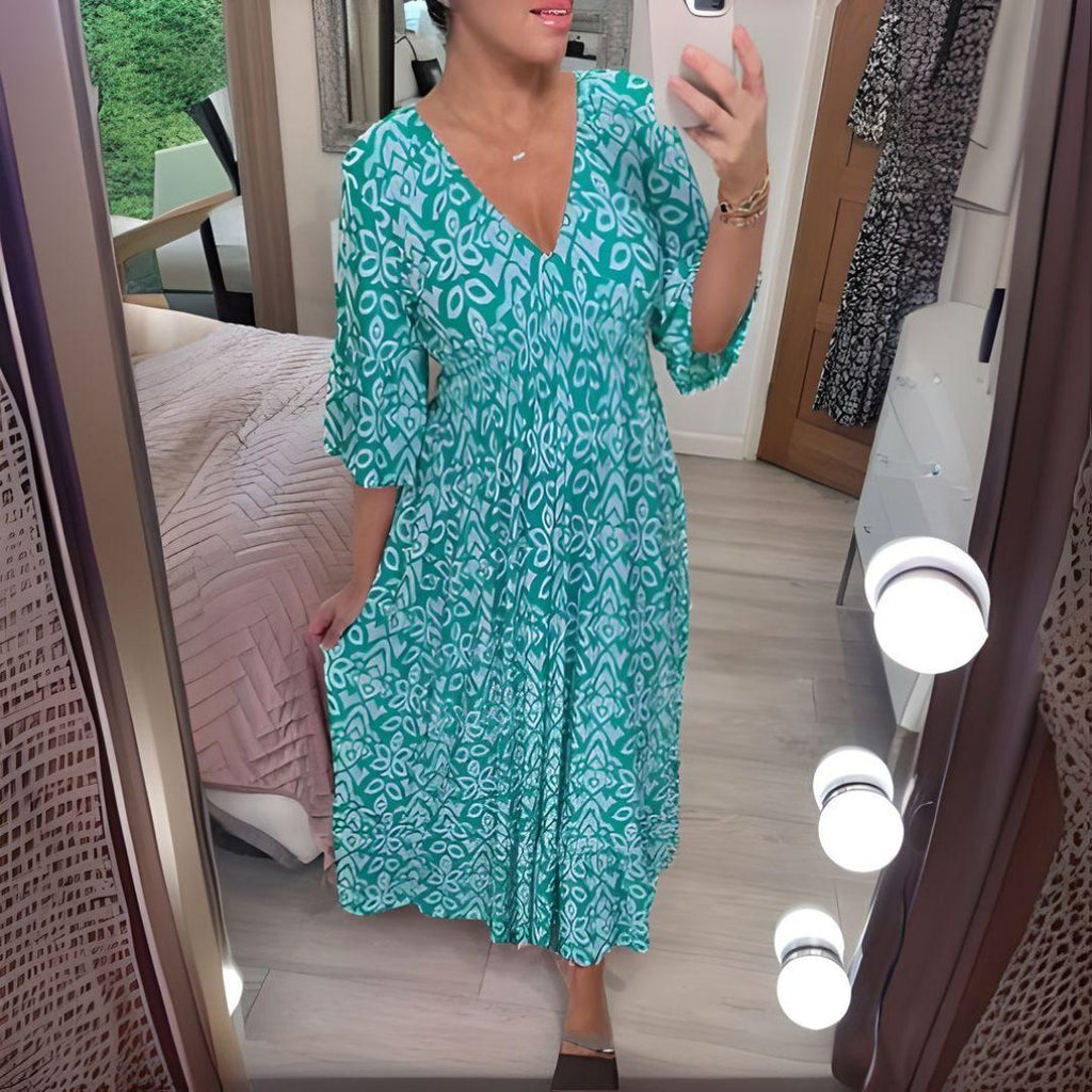 Boho Midi Dress V-Neck Flowy Printed Bell Sleeves - Aqua Blue