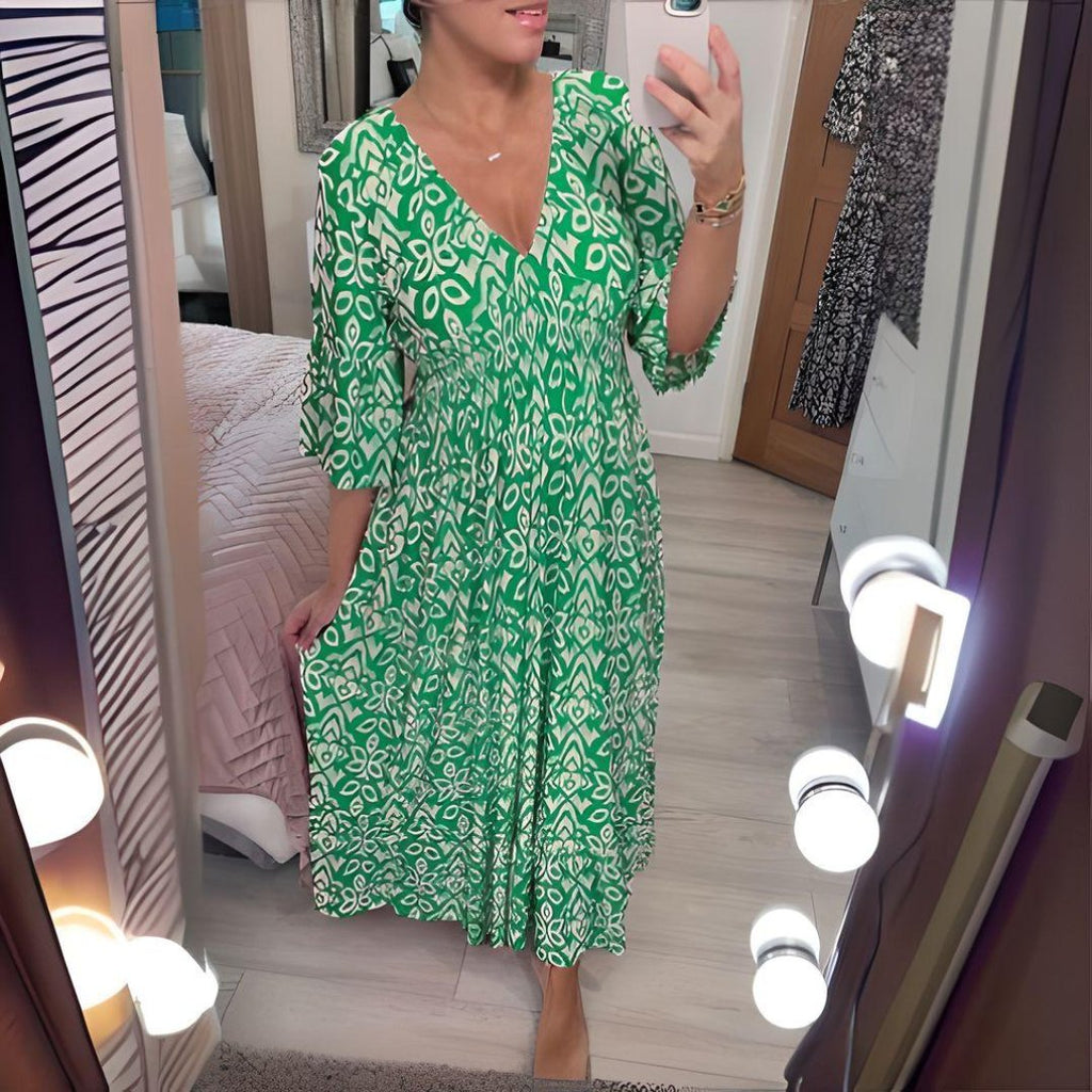 Boho Midi Dress V-Neck Flowy Printed Bell Sleeves - Green